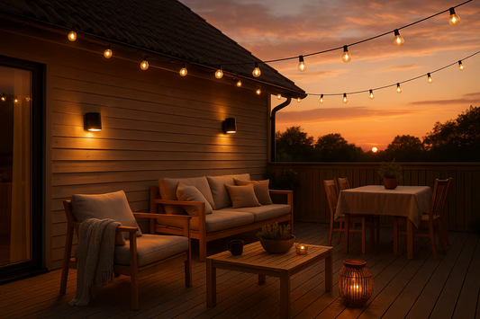 Altanbelysning inspiration med ljusslingor och vägglampor som skapar mysig stämning på svensk uteplats