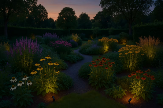 Belysning rabatt med LED-spotlights som belyser blomsterrabatter i svensk trädgård vid skymning