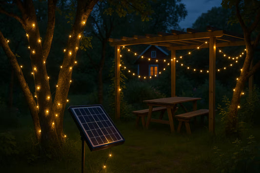 Solcellsdriven ljusslinga utomhus som lyser varmt i svensk trädgård vid skymning med synlig solpanel i förgrunden