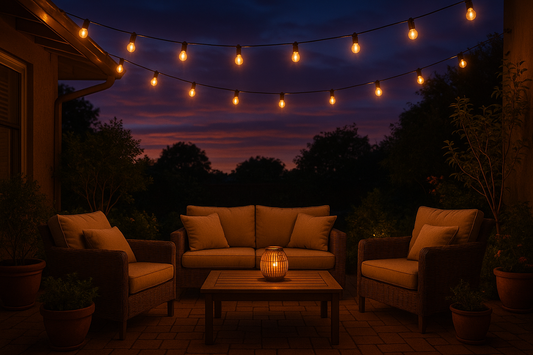 Ljusslinga utomhus solcell upphängd över altan skapar magisk stämning i kvällsljus