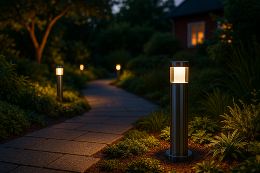 Pollare med belysning i exklusiv svensk villaträdgård vid skymning