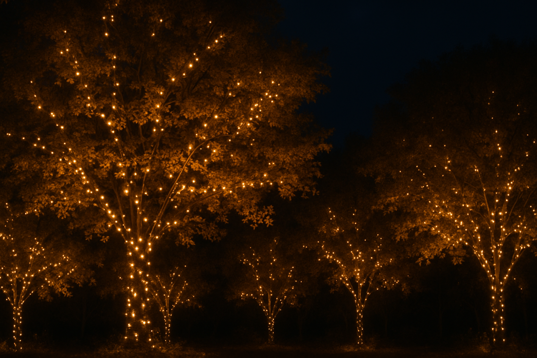 Spotlight träd med varm LED-belysning som skapar dramatisk effekt i svensk trädgård vid skymning