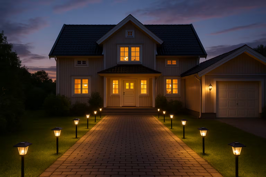 Belysning uppfart med solcellslampor som skapar säker och välkomnande garageinfart till svensk villa
